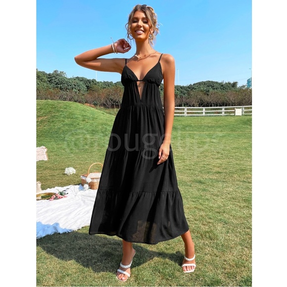 Plunging V Neck Black Maxi Dress Loose Fitting Flared Cami Straps - Picture 14 of 16